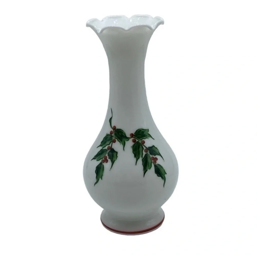 Vintage Westmoreland Glass Holiday Holly Ruffle Top Vase Handcrafted